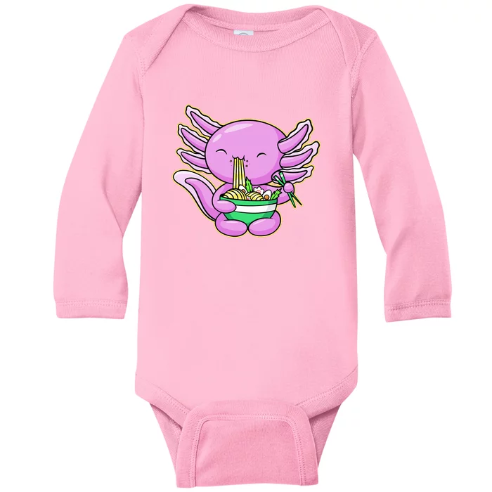 Axolotl Eating A Bowl Of Ramen Anime Funny Cute Baby Long Sleeve Bodysuit