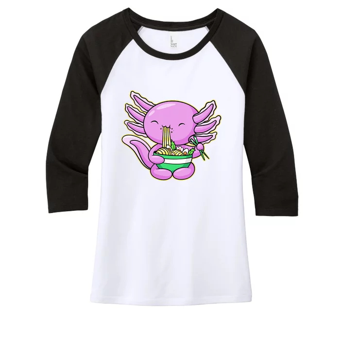 Axolotl Eating A Bowl Of Ramen Anime Funny Cute Women's Tri-Blend 3/4-Sleeve Raglan Shirt