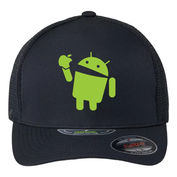 Android Eats Apple Funny Nerd Computer Flexfit Unipanel Trucker Cap