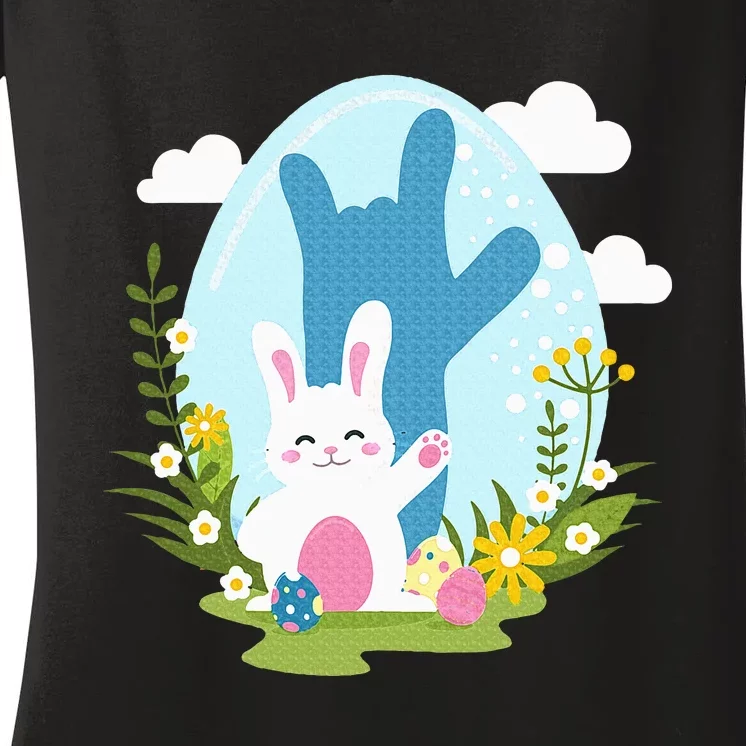 Asl Easter Bunny Reflection I Love You Hand Sign Language Women's V-Neck T-Shirt