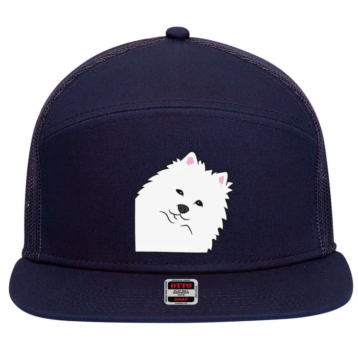 American Eskimo Dog Peeking From Side Cute American Eskimo 7 Panel Mesh Trucker Snapback Hat