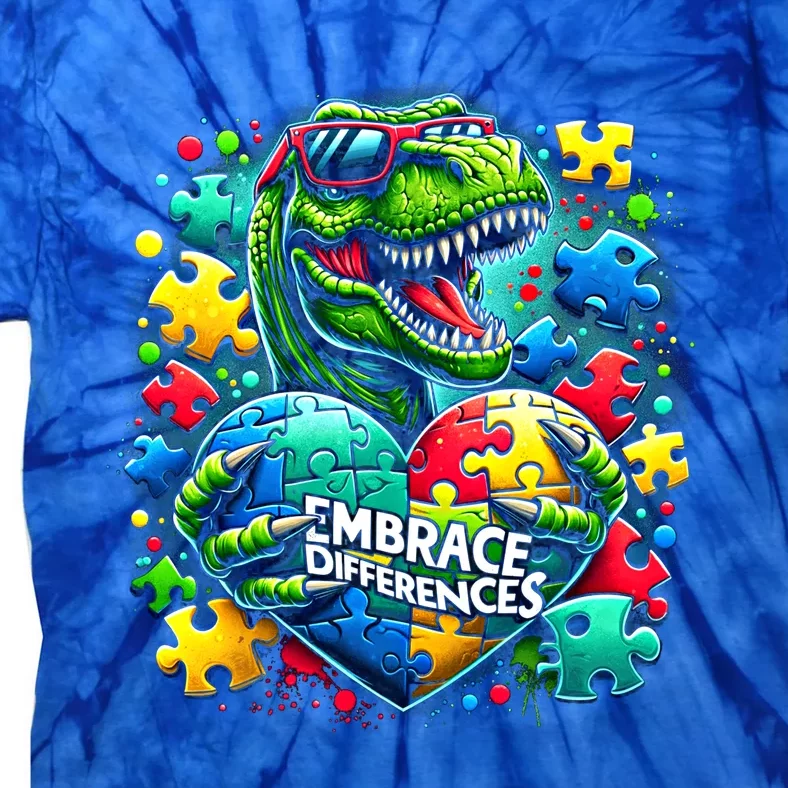 Autism Embrace Differences Dinosaur Trex Puzzle Cool Gift Tie-Dye T-Shirt