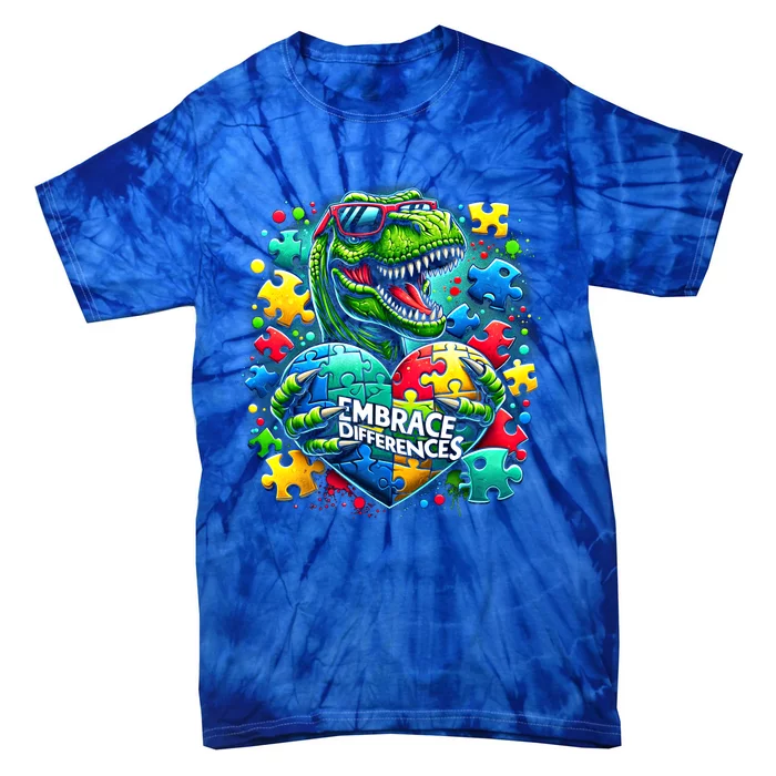 Autism Embrace Differences Dinosaur Trex Puzzle Cool Gift Tie-Dye T-Shirt