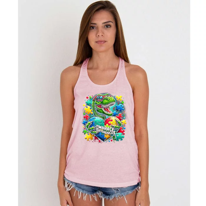 Autism Embrace Differences Dinosaur Trex Puzzle Cool Gift Women's Knotted Racerback Tank