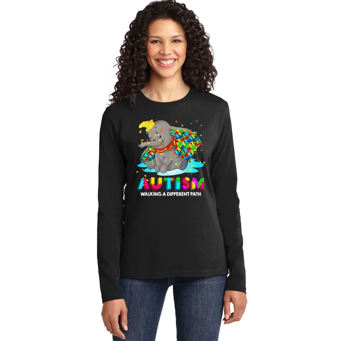 Autism Elephant Dumbo Walking A Different Path Autism Ladies Long Sleeve Shirt