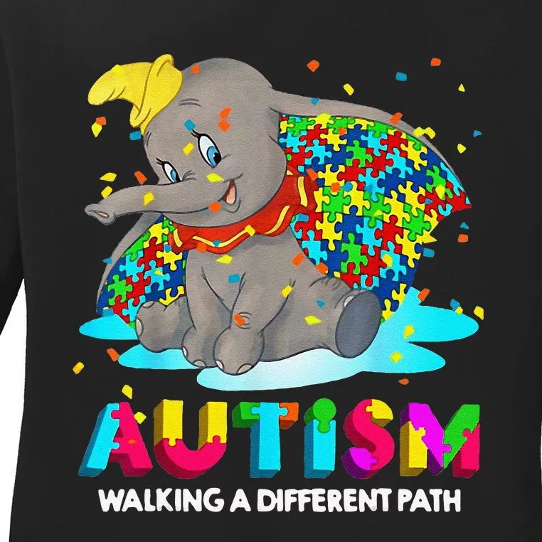 Autism Elephant Dumbo Walking A Different Path Autism Ladies Long Sleeve Shirt