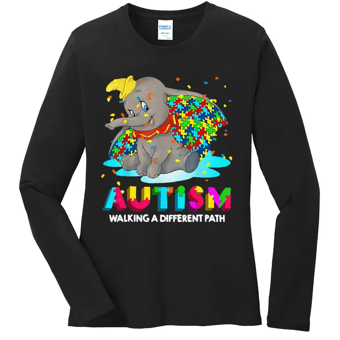 Autism Elephant Dumbo Walking A Different Path Autism Ladies Long Sleeve Shirt