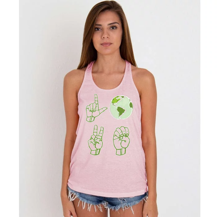 ASL Earth Day Love Environmentalist Sign Language Teacher Women's Knotted Racerback Tank