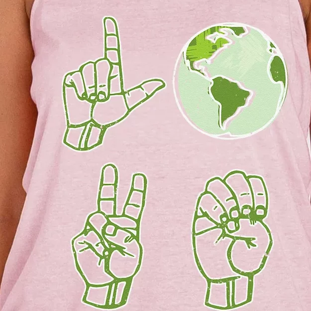 ASL Earth Day Love Environmentalist Sign Language Teacher Women's Knotted Racerback Tank