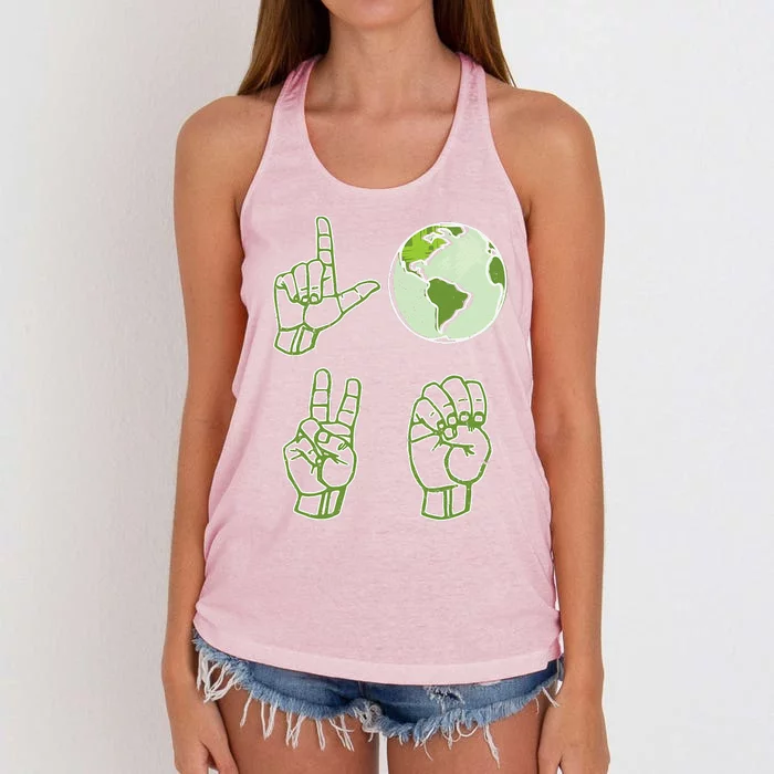 ASL Earth Day Love Environmentalist Sign Language Teacher Women's Knotted Racerback Tank