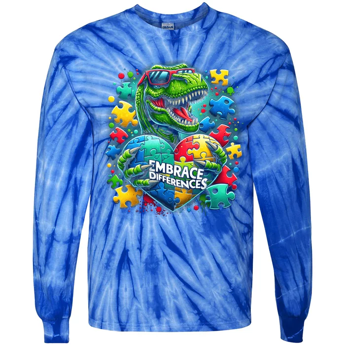 Autism Embrace Differences Dinosaur Trex Puzzle Gift Tie-Dye Long Sleeve Shirt