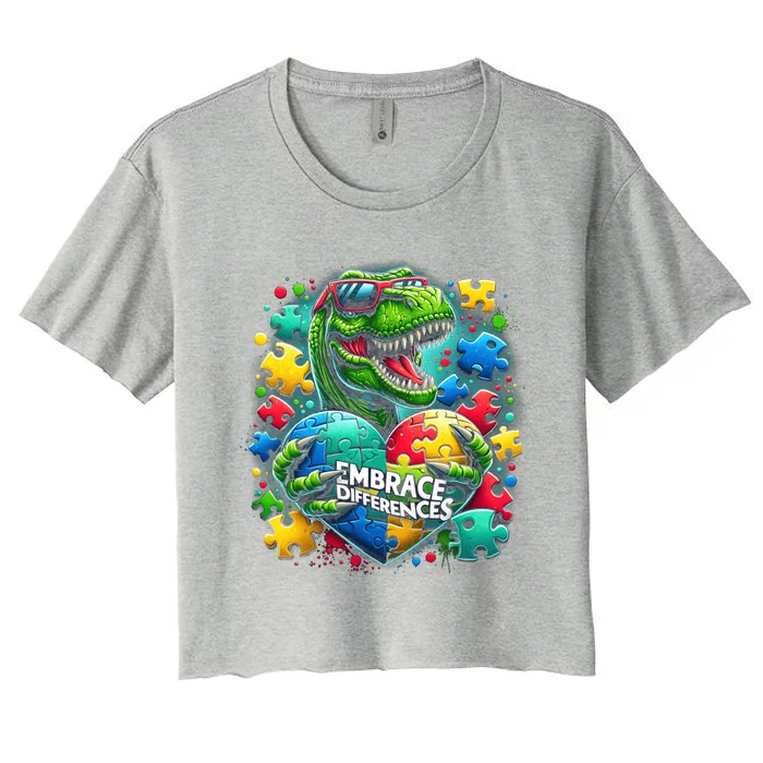 Autism Embrace Differences Dinosaur Trex Puzzle Gift Women's Crop Top Tee