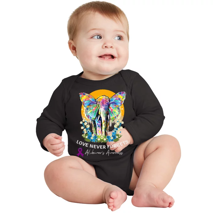 Alzheimer Elephant Love Never Forgets Alzheimer’s Awareness Baby Long Sleeve Bodysuit