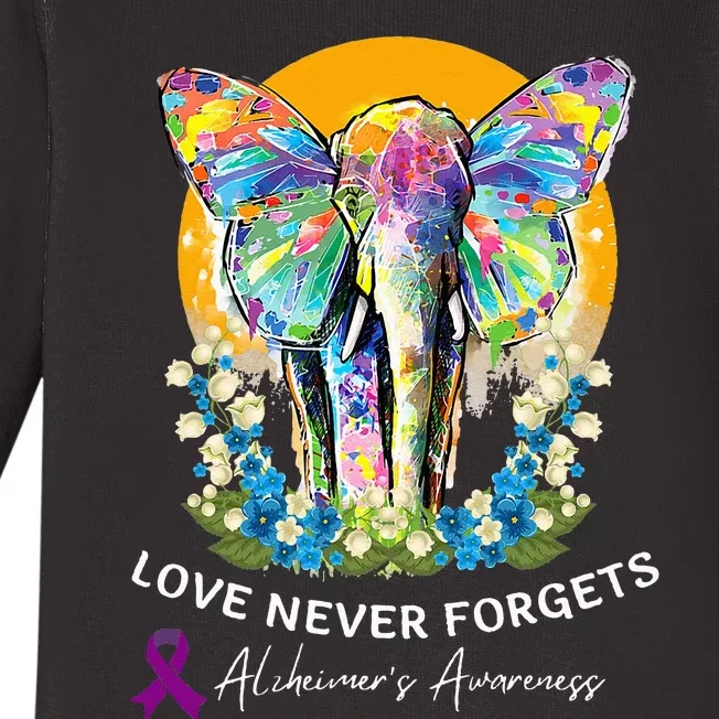 Alzheimer Elephant Love Never Forgets Alzheimer’s Awareness Baby Long Sleeve Bodysuit