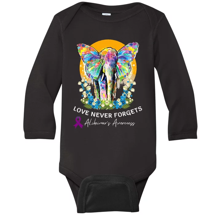 Alzheimer Elephant Love Never Forgets Alzheimer’s Awareness Baby Long Sleeve Bodysuit