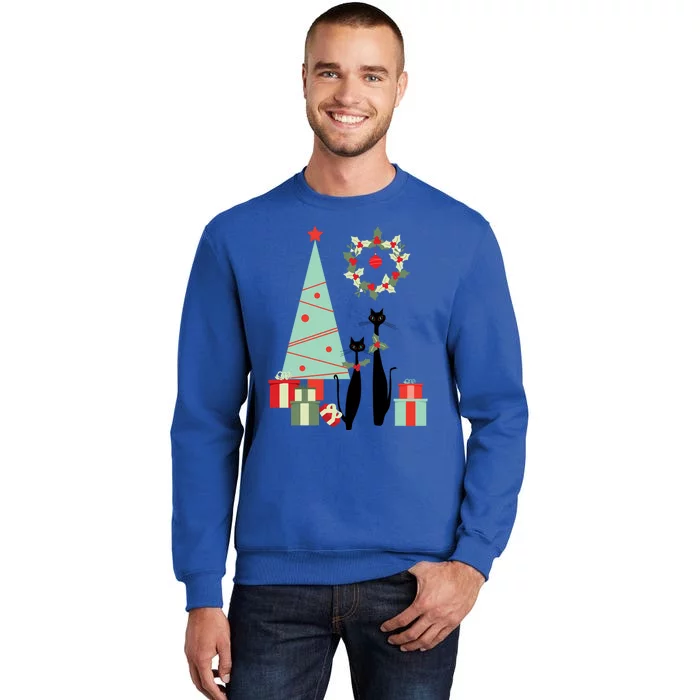 Atomic Era Mid Century Modern Cool Cat Pair Christmas Tree Gift Tall Sweatshirt