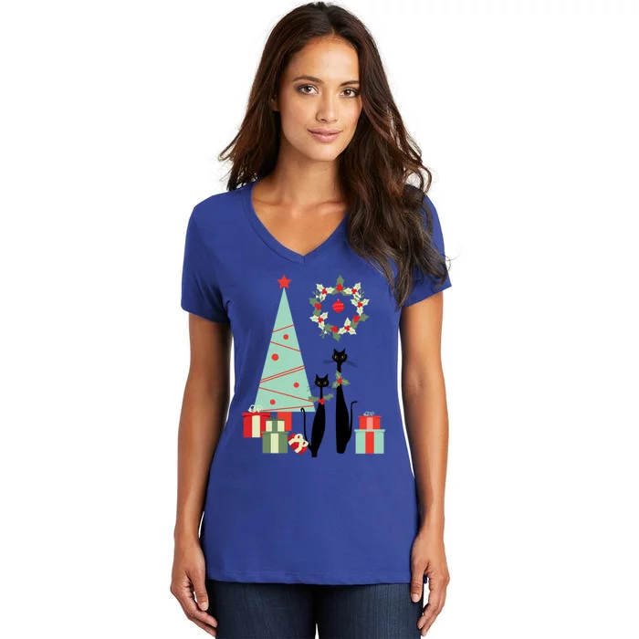 Atomic Era Mid Century Modern Cool Cat Pair Christmas Tree Gift Women's V-Neck T-Shirt