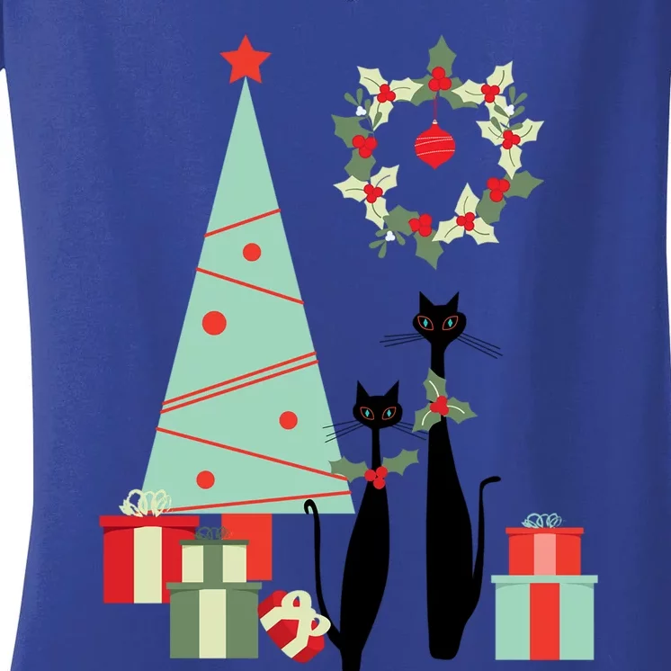 Atomic Era Mid Century Modern Cool Cat Pair Christmas Tree Gift Women's V-Neck T-Shirt