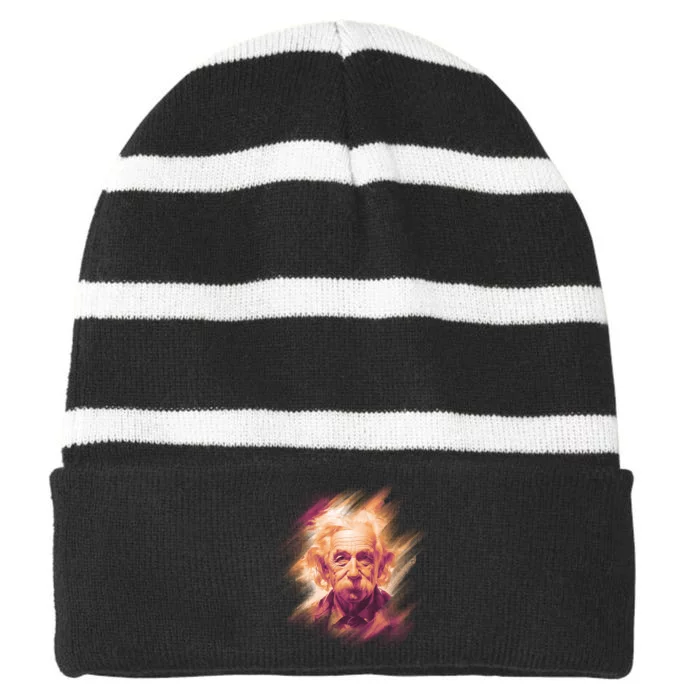 Albert Einstein Portrait Striped Beanie with Solid Band