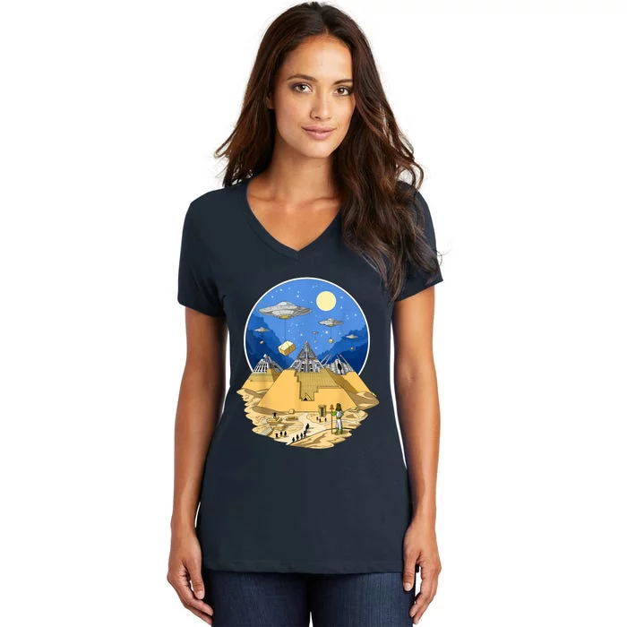 Ancient Egyptian Pyramids Aliens Space UFO Science Fiction Women's V-Neck T-Shirt