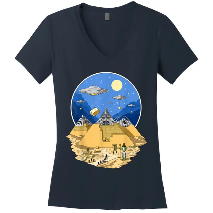 Ancient Egyptian Pyramids Aliens Space UFO Science Fiction Women's V-Neck T-Shirt