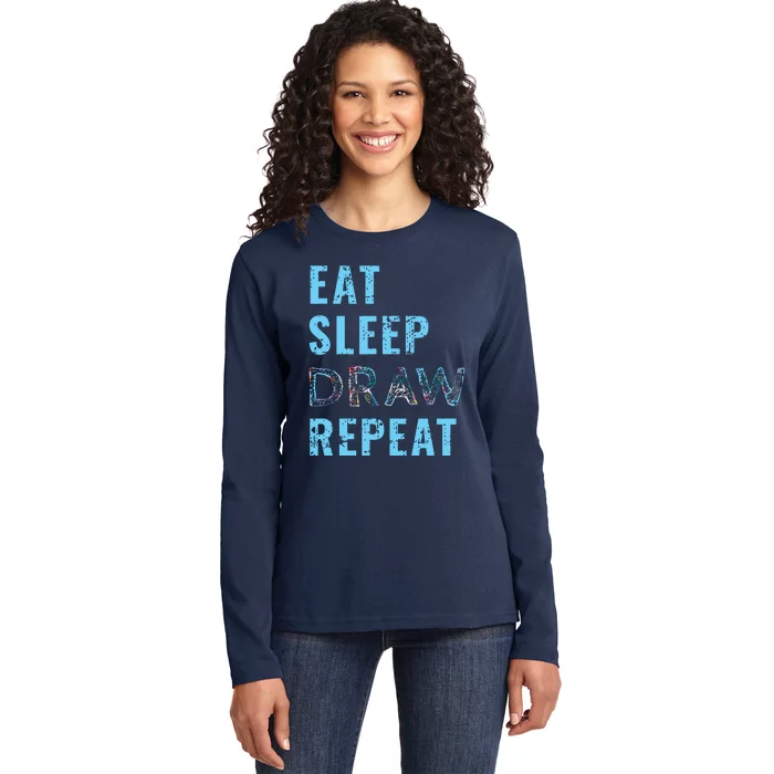 Artist Eat Sleep Draw Repeat Art Drawing Gift Ladies Long Sleeve Shirt