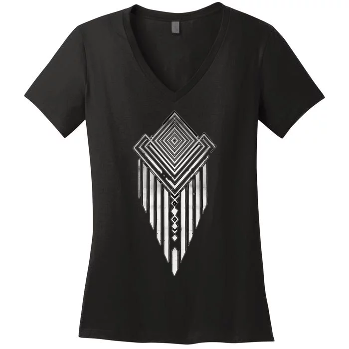 African Ethiopian Silver Metal Geometric Pattern Women's V-Neck T-Shirt