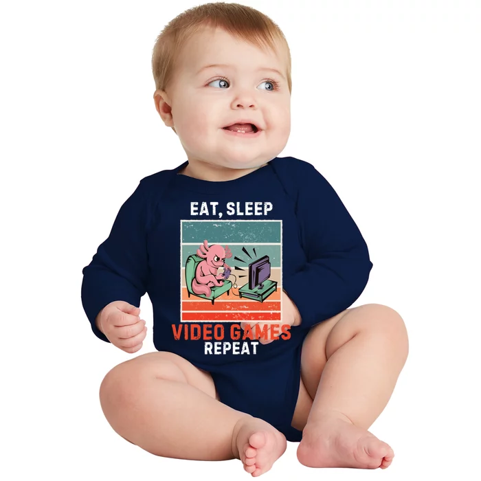 Axolotl Eat Sleep Video Games Repeat Vintage Video Games Gift Baby Long Sleeve Bodysuit