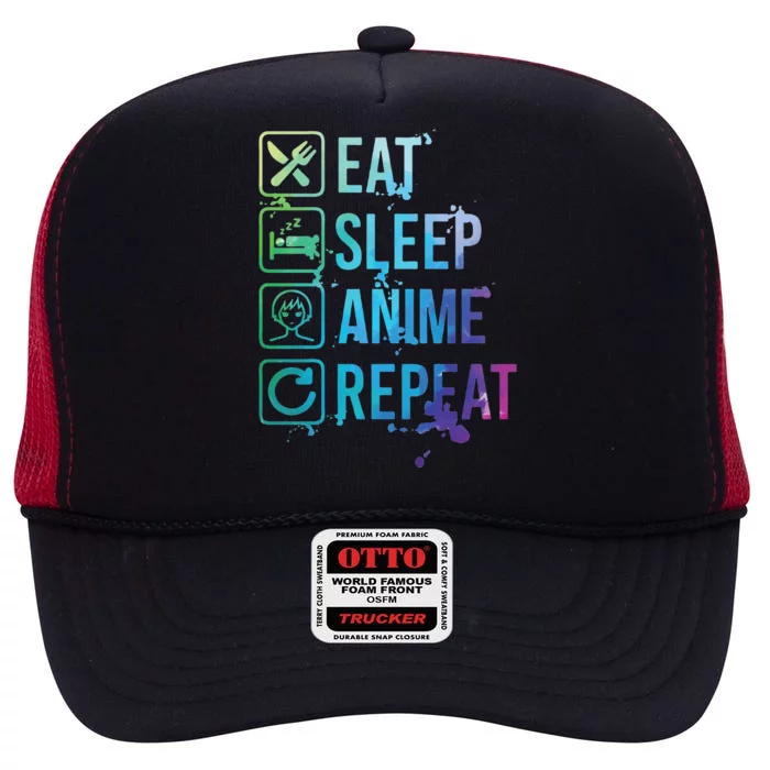 Anime Eat Sleep Repeat Watercolor Gift High Crown Mesh Trucker Hat