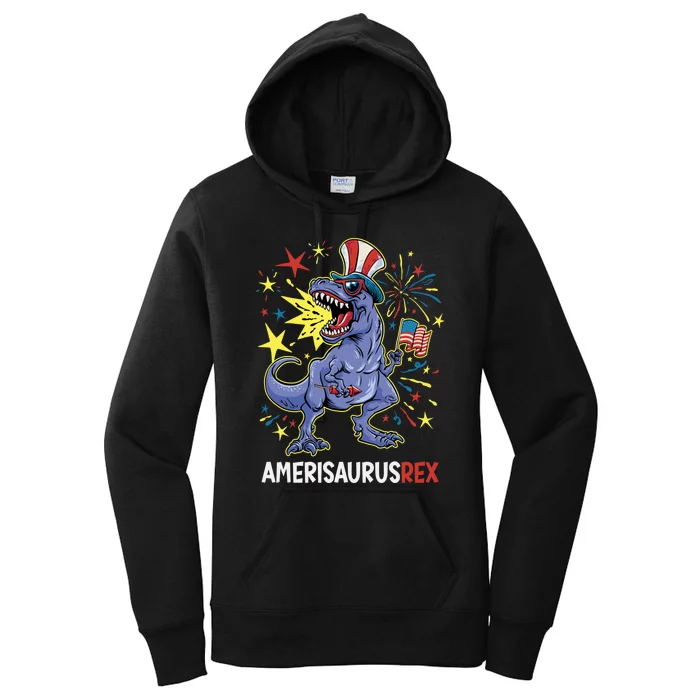 American Flag 4th of July T Rex Dinosaur Amerisaurus Rex Boy Women's Pullover Hoodie