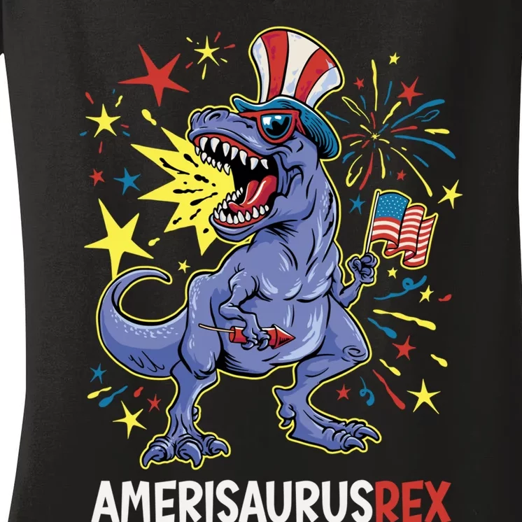 American Flag 4th of July T Rex Dinosaur Amerisaurus Rex Boy Women's V-Neck T-Shirt