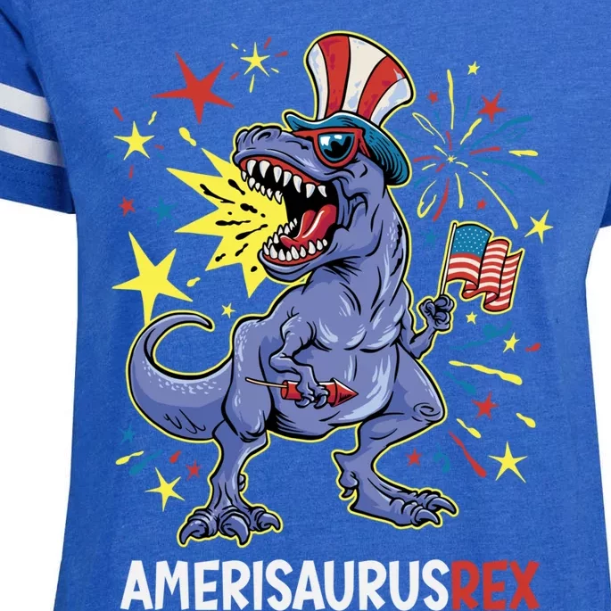 American Flag 4th of July T Rex Dinosaur Amerisaurus Rex Boy Enza Ladies Jersey Football T-Shirt