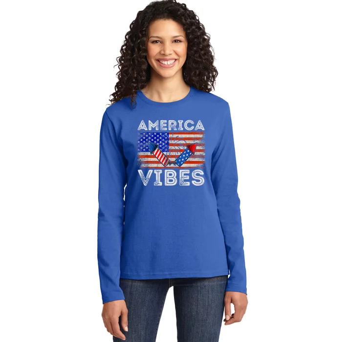 American Flag 4th Of July America Vibes Funny Gift Ladies Long Sleeve Shirt