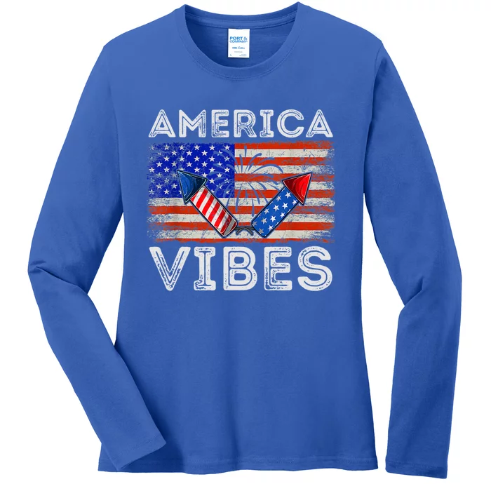 American Flag 4th Of July America Vibes Funny Gift Ladies Long Sleeve Shirt