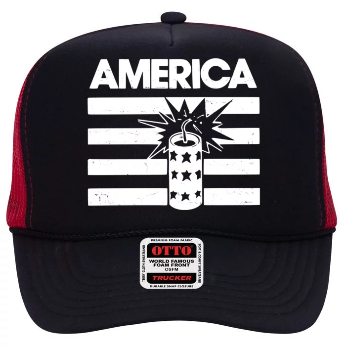 America Firework 4th Of July Flag High Crown Mesh Trucker Hat