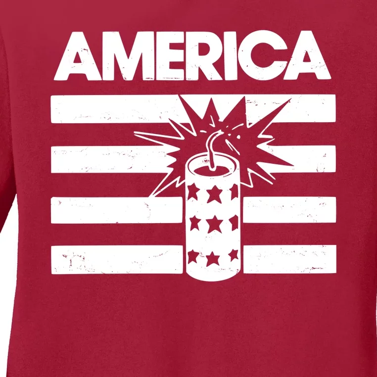 America Firework 4th Of July Flag Ladies Long Sleeve Shirt