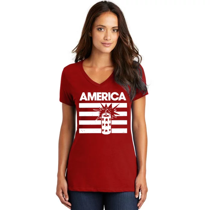 America Firework 4th Of July Flag Women's V-Neck T-Shirt