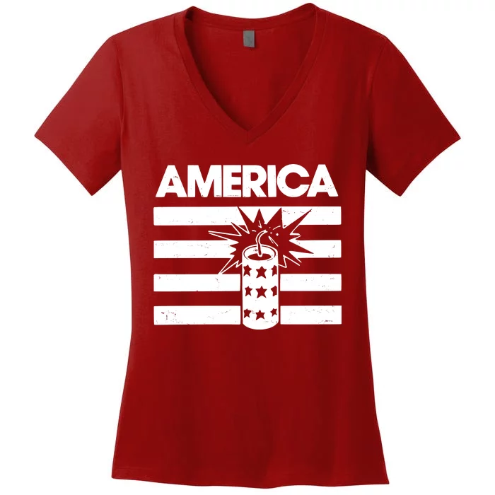 America Firework 4th Of July Flag Women's V-Neck T-Shirt