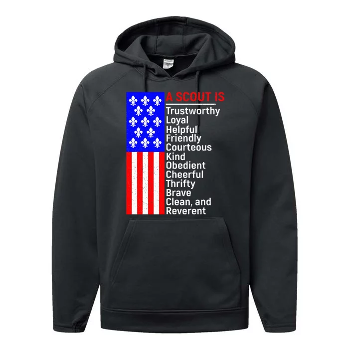 American Flag A Scout Is Trustworthy Friendly Courteous Performance Fleece Hoodie