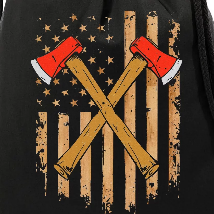 American Flag Axe Throwing Hatchet Thrower Lumberjack Drawstring Bag