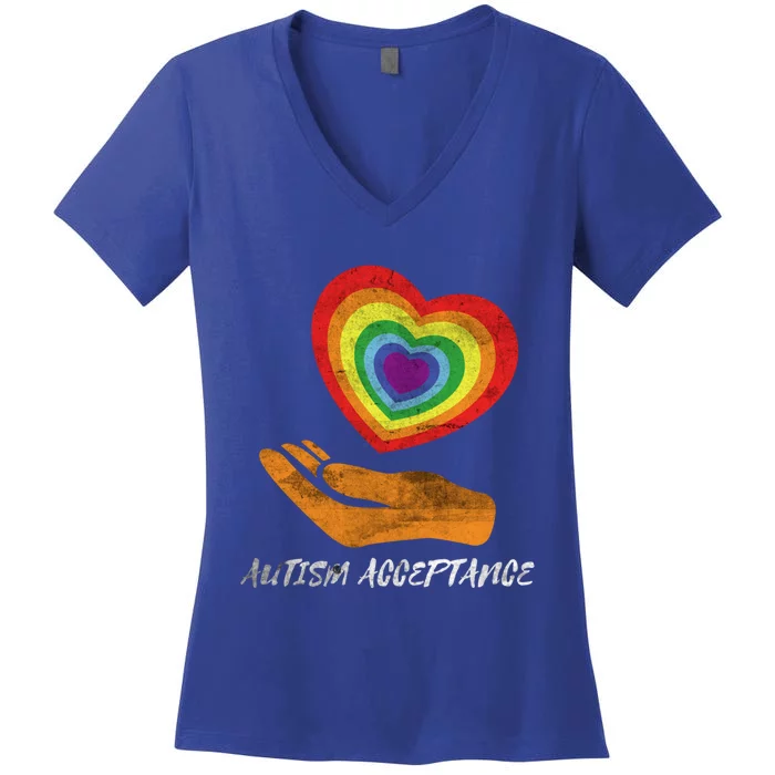 Acceptance For Autism Heart Rainbow Autism Awareness Meaningful Gift Women's V-Neck T-Shirt