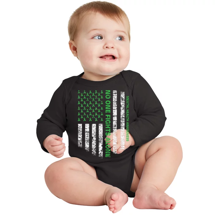 American Flag Alone Mental Health Awareness No One Fights Baby Long Sleeve Bodysuit