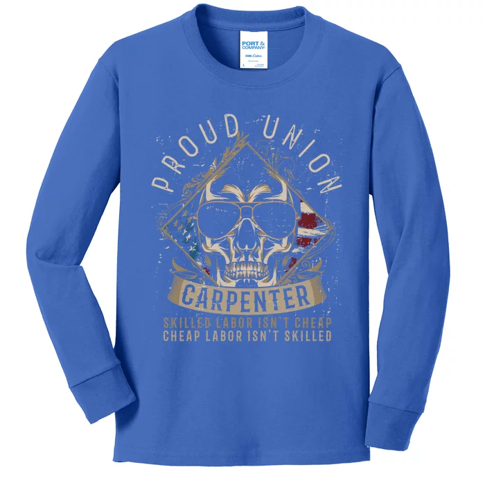 American Flag And Skull Union Worker A Carpenter Gift Kids Long Sleeve Shirt