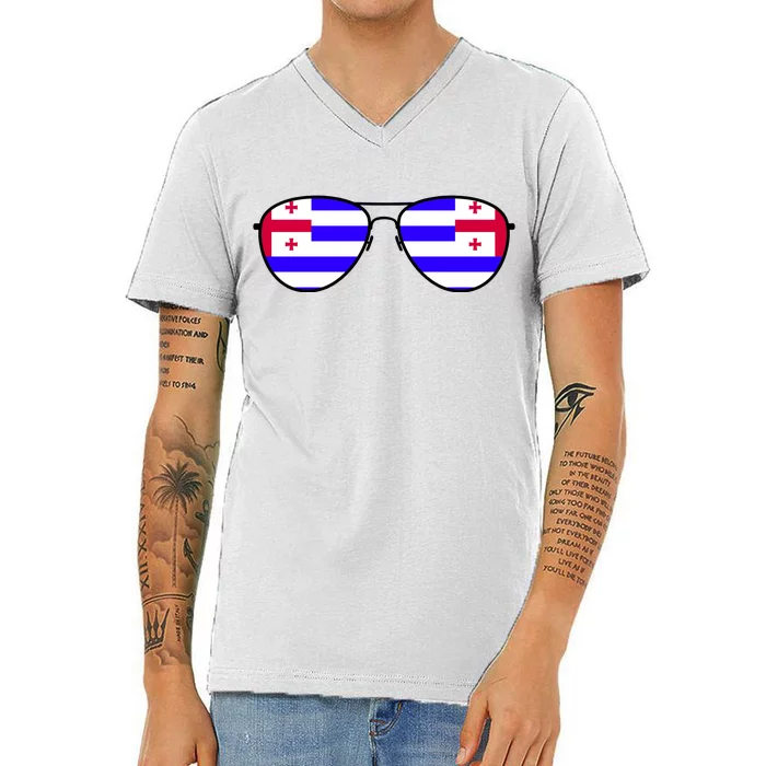 Ajaria Flag Aviator Sunglasses V-Neck T-Shirt