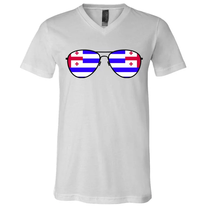 Ajaria Flag Aviator Sunglasses V-Neck T-Shirt