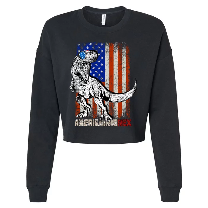 American Flag Amerisaurus 4th July Dinosaur T Rex Cropped Pullover Crew