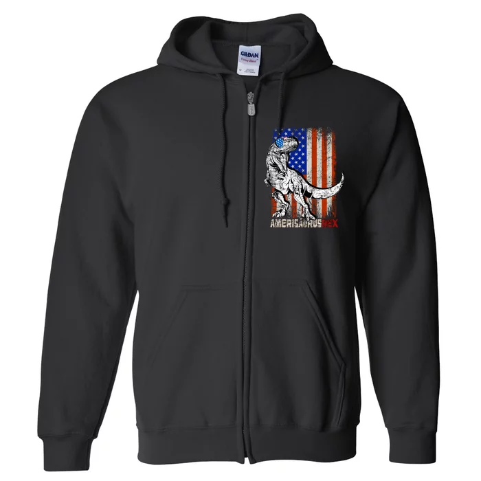 American Flag Amerisaurus 4th July Dinosaur T Rex Full Zip Hoodie