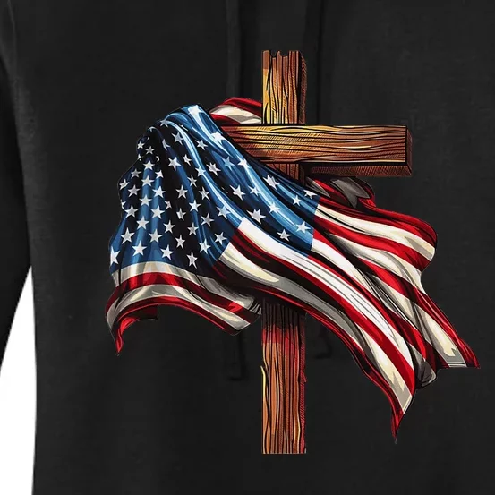 American Flag And Christian Cross Patriotic 4th Of July Women's Pullover Hoodie