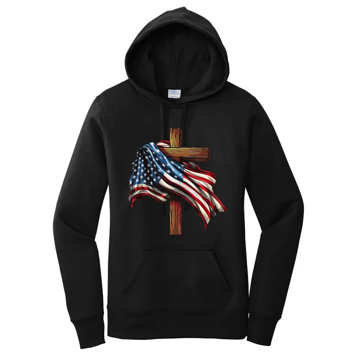 American Flag And Christian Cross Patriotic 4th Of July Women's Pullover Hoodie