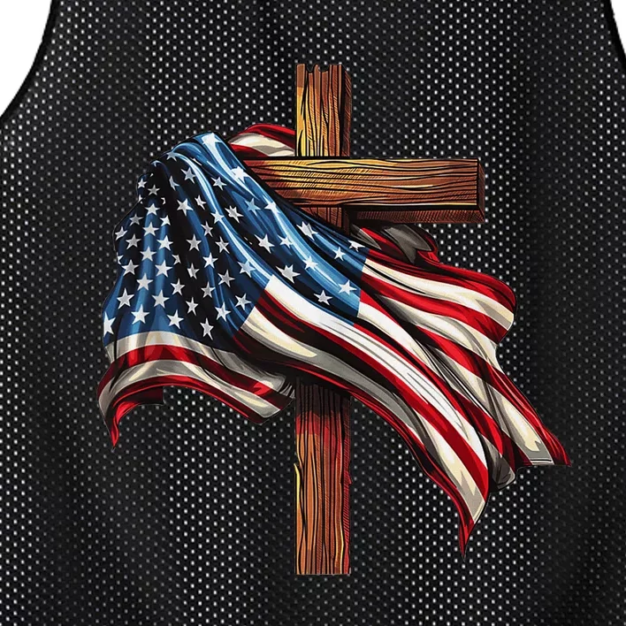 American Flag And Christian Cross Patriotic 4th Of July Mesh Reversible Basketball Jersey Tank